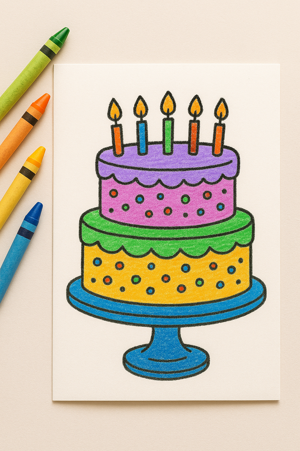 A colorful crayon colored birthday Doodle Card card of a three-tiered cake with candles and crayons placed next to the card