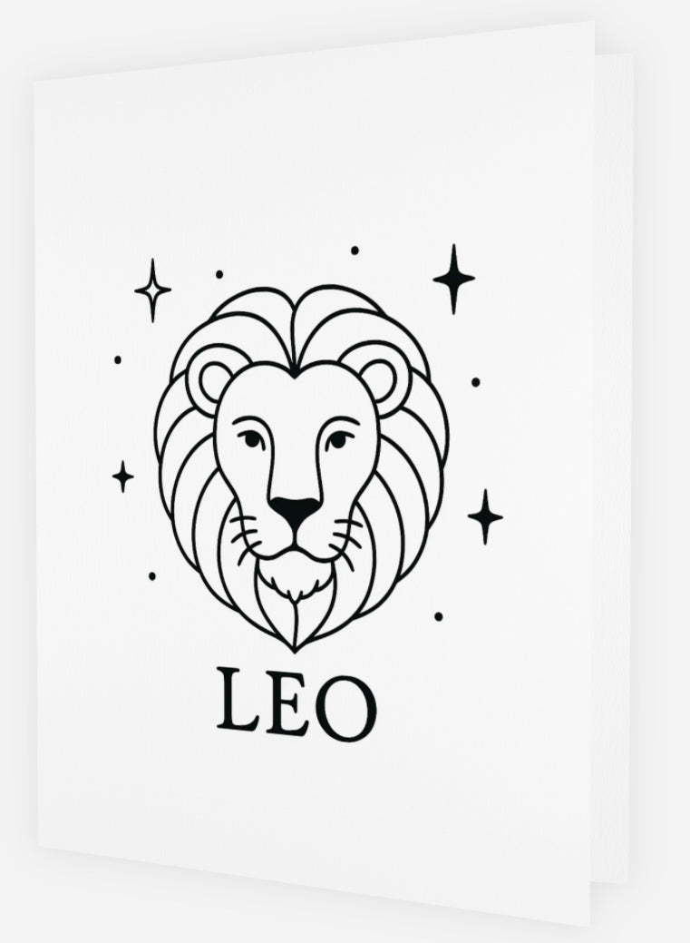 Leo zodiac colour-in birthday card with lion illustration