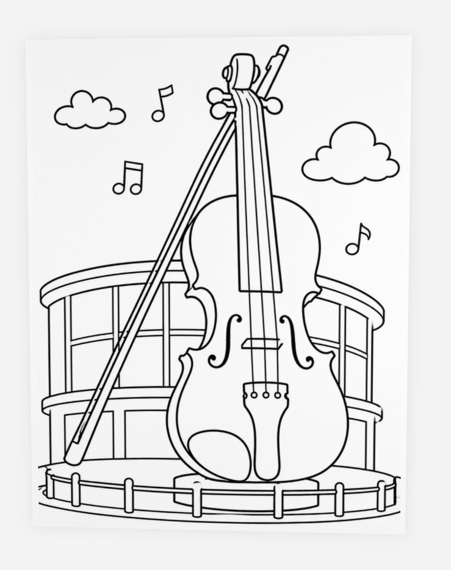 Black and white colouring card illustration of the big fiddle landmark in Sydney, NS, with musical notes floating in the air