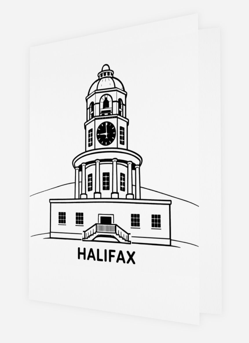 Bold black line art colouring greeting card featuring the Halifax Old Town Clock on Citadel Hill, with its iconic domed tower, columns, clock face, and front staircase. The word HALIFAX appears at the bottom. White card shown at an angle on white background.