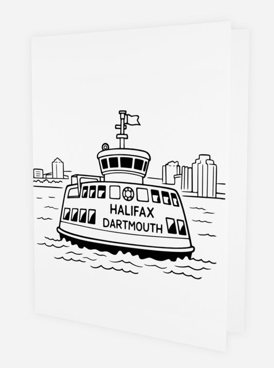 Bold black line art colouring greeting card featuring the Halifax Dartmouth ferry on the harbour with the Halifax city skyline in the background. The words HALIFAX DARTMOUTH appear on the ferry hull. White card shown at an angle on white background.