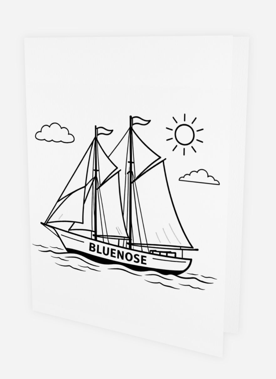 Bold black line art colouring greeting card featuring the Bluenose schooner under full sail with clouds and a sun in the background. The word BLUENOSE appears on the hull. White card shown at an angle on white background.