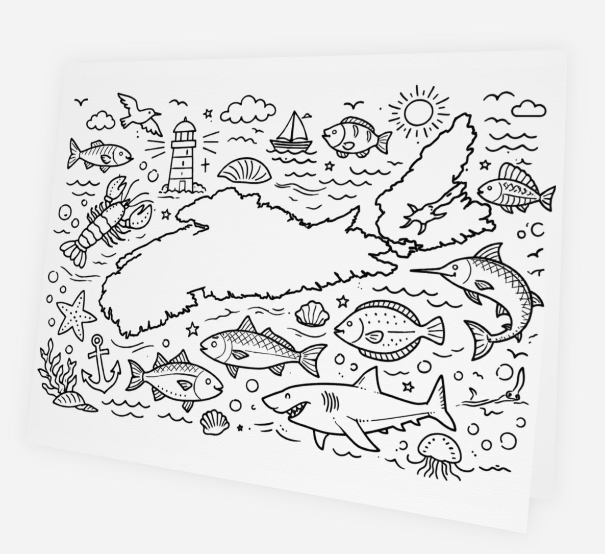 Bold black line art colouring greeting card featuring a map of Nova Scotia surrounded by Maritime icons including a lobster, lighthouse, sailboat, starfish, anchor, shark, jellyfish, and fish. White card shown at an angle on white background.