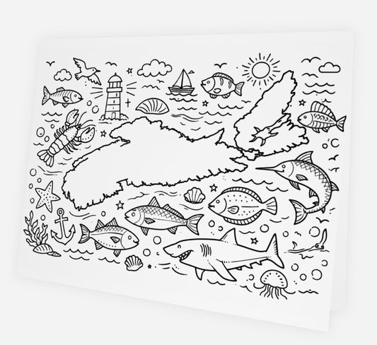 Bold black line art colouring greeting card featuring a map of Nova Scotia surrounded by Maritime icons including a lobster, lighthouse, sailboat, starfish, anchor, shark, jellyfish, and fish. White card shown at an angle on white background.