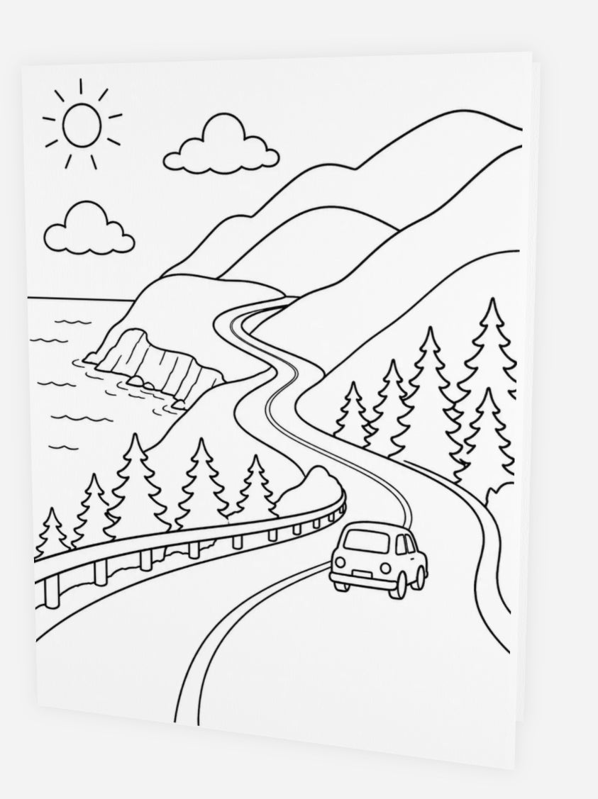 Black and white colouring card illustration of the Cabot Trail winding through Cape Breton Highlands with mountains, evergreen trees, ocean cliffs, and a small car on the road 