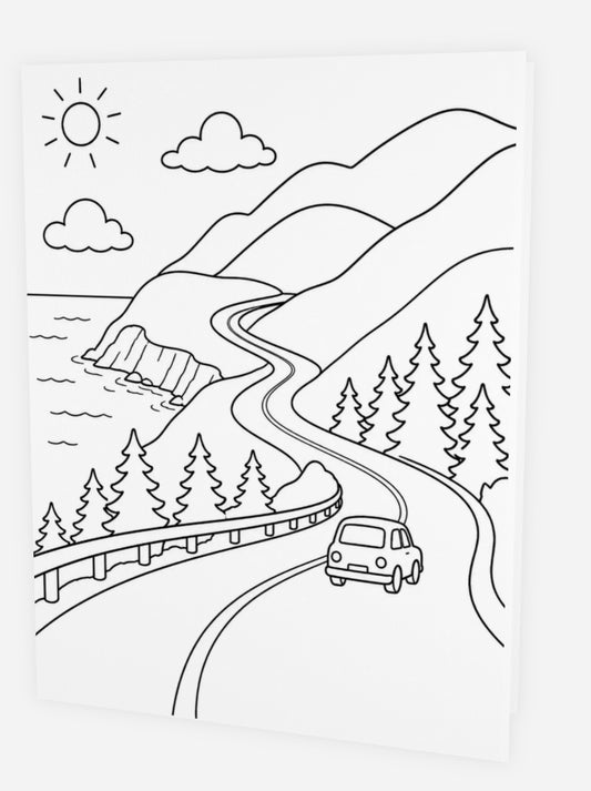 Black and white colouring card illustration of the Cabot Trail winding through Cape Breton Highlands with mountains, evergreen trees, ocean cliffs, and a small car on the road 