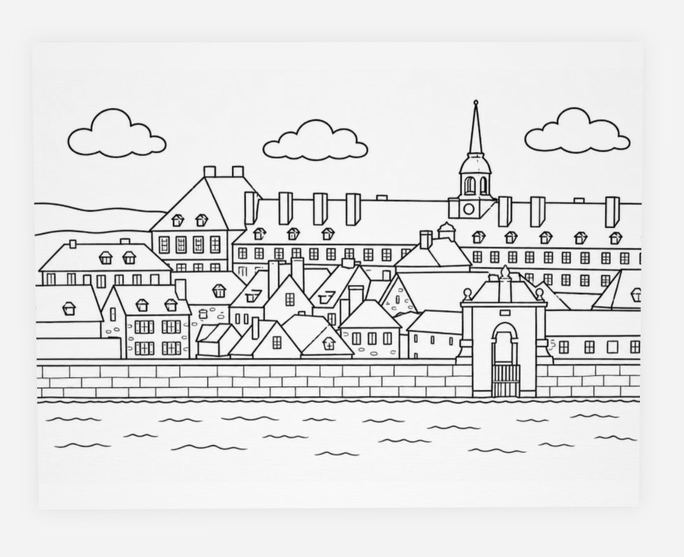 Black and white colouring card illustration of the Fortress of Louisbourg seen from the harbour, showing stone walls, French colonial rooftops, a chapel steeple, and an arched gate