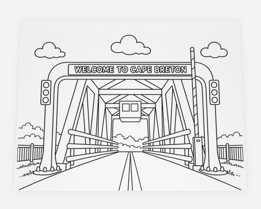 Black and white colouring card illustration of the Canso Causeway with a ‘Welcome to Cape Breton’ sign, steel bridge structure, traffic lights, and guardrails